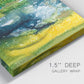 Close-up view of wrapped canvas corner featuring energetic abstract aquatic color motion.
