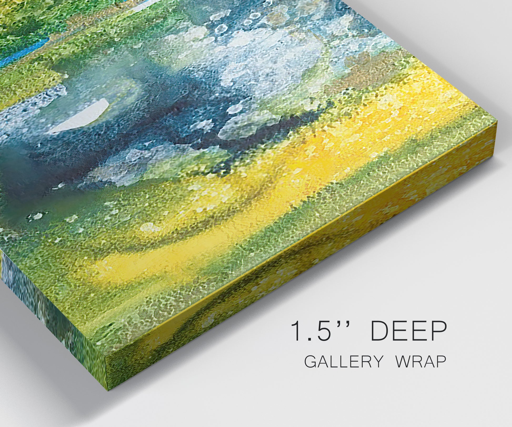 Close-up view of wrapped canvas corner featuring energetic abstract aquatic color motion.