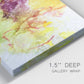 Close-up view of wrapped canvas corner featuring abstract floral rhythm composition.