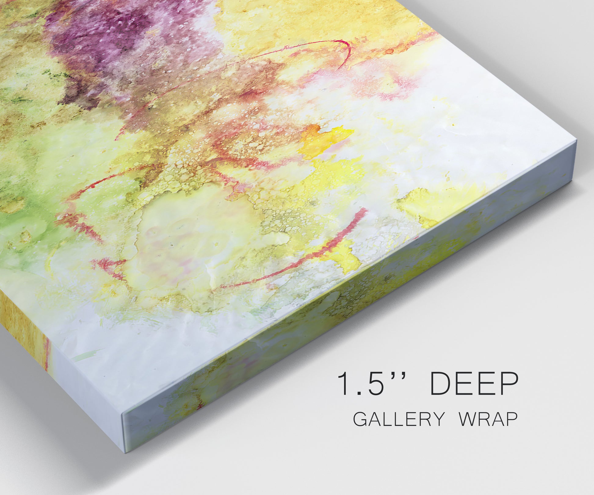 Close-up view of wrapped canvas corner featuring abstract floral rhythm composition.