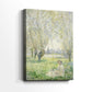 Side view of a canvas art print of a tranquil outdoor scene with soft greens and gentle shadows, showing gallery-wrapped depth.