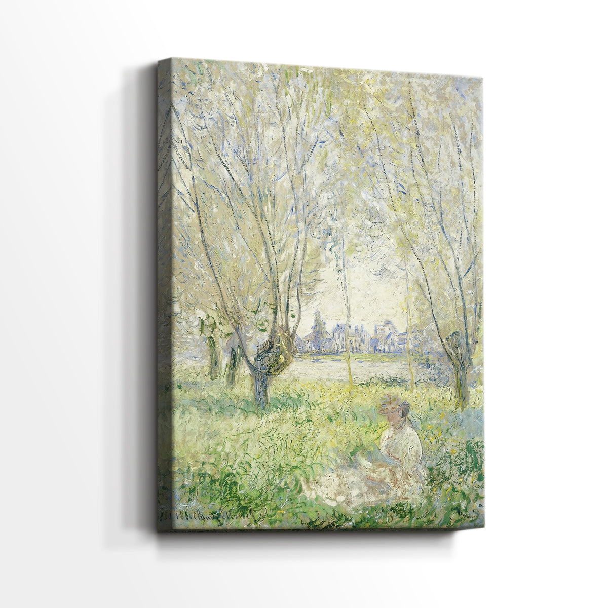 Side view of a canvas art print of a tranquil outdoor scene with soft greens and gentle shadows, showing gallery-wrapped depth.