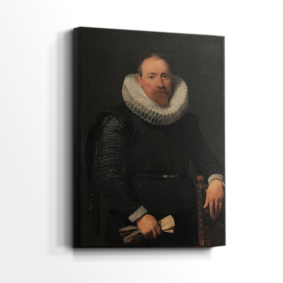 Side view of a canvas art print of a classic Baroque figure with detailed costume and composed expression, showing gallery-wrapped depth.