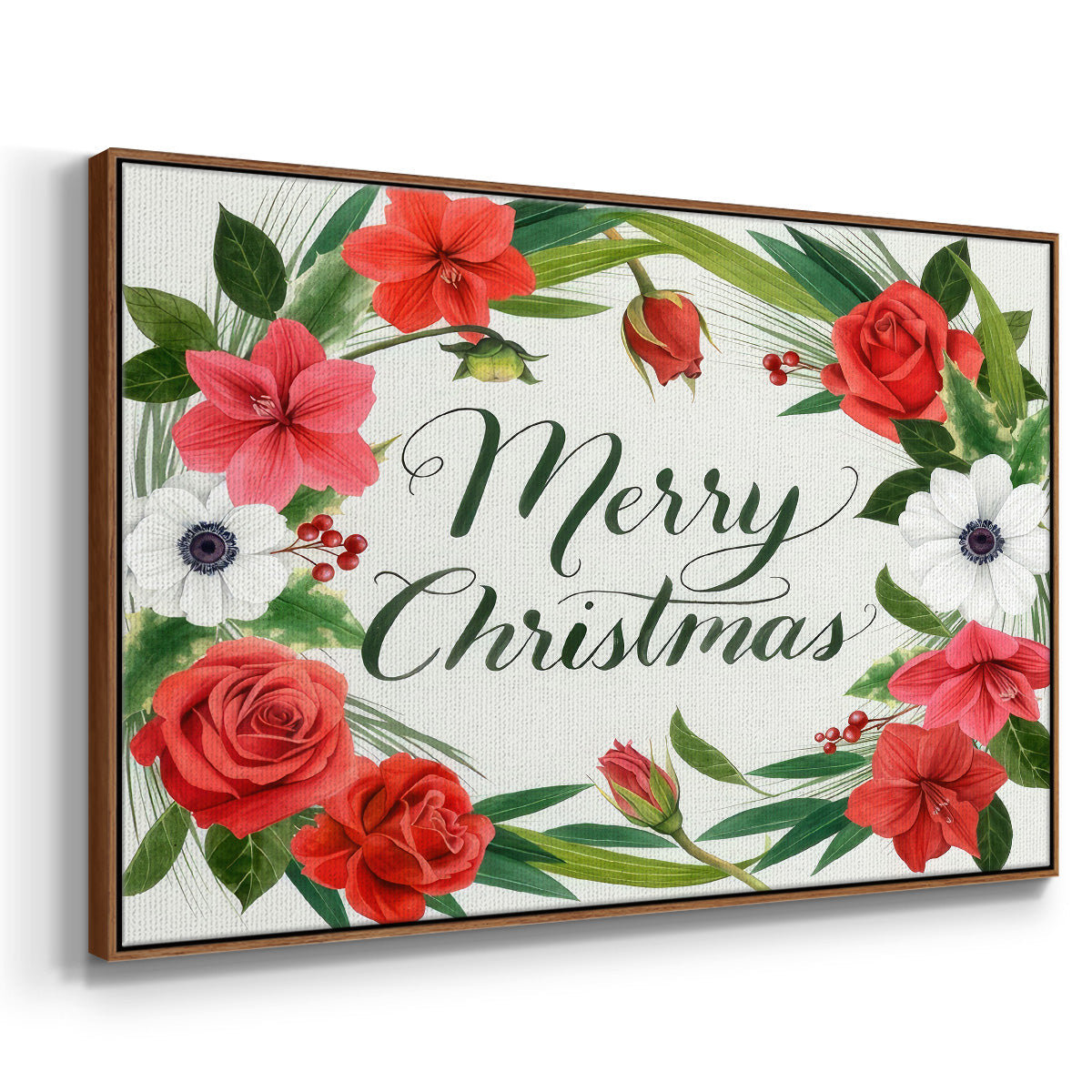 Christmas Flora Wreath Collection A - Framed Gallery Wrapped Canvas in Floating Frame