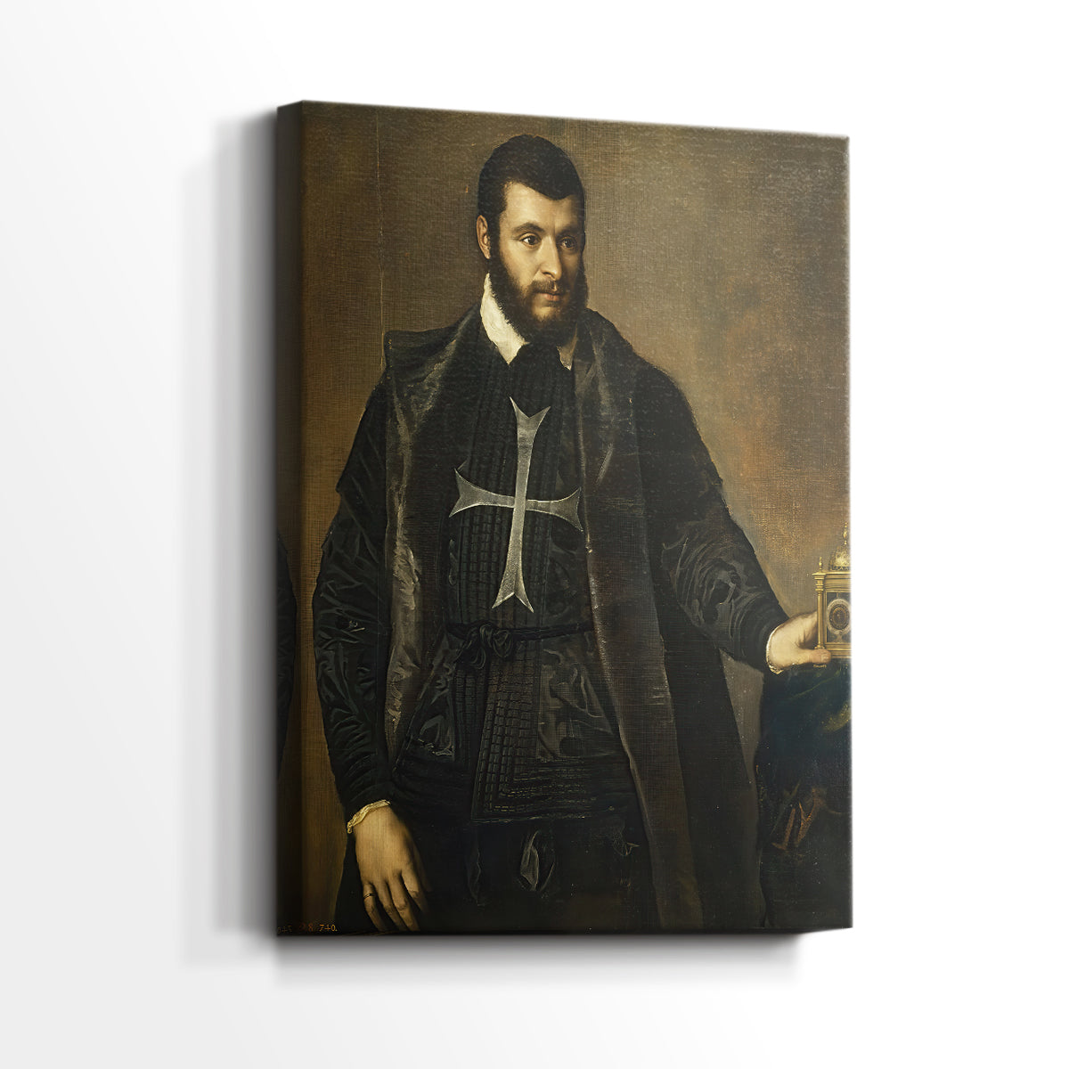 Side view of a canvas art print of a composed portrait with subtle contrast and depth, showing gallery-wrapped depth.