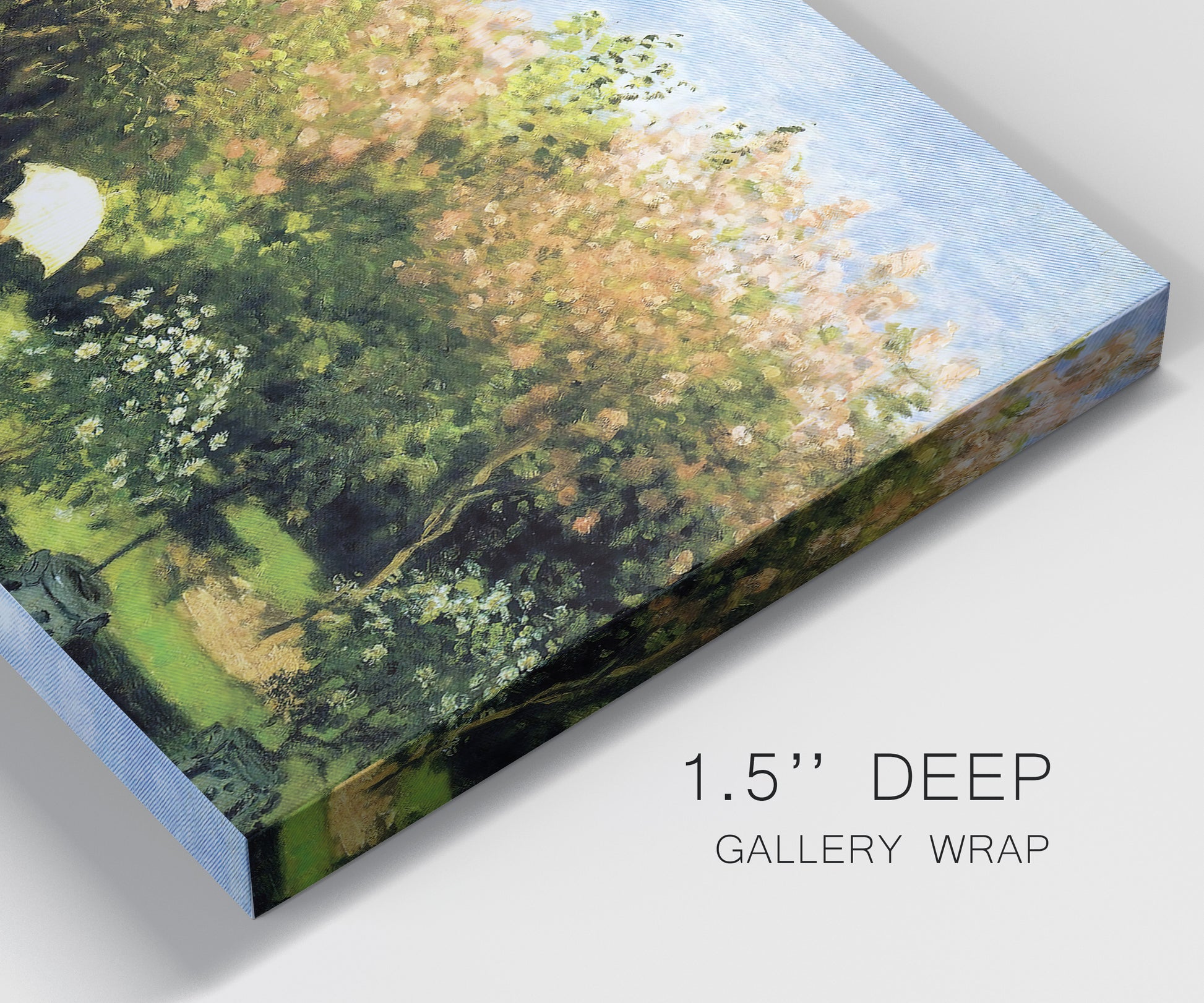 Close-up view of wrapped canvas corner featuring lush garden landscape with trees.
