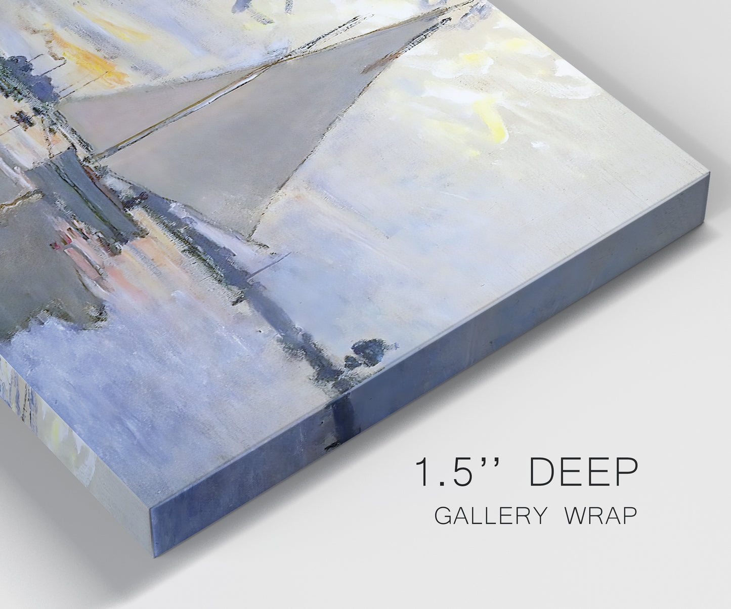 Close-up view of wrapped canvas corner featuring riverside village shoreline.