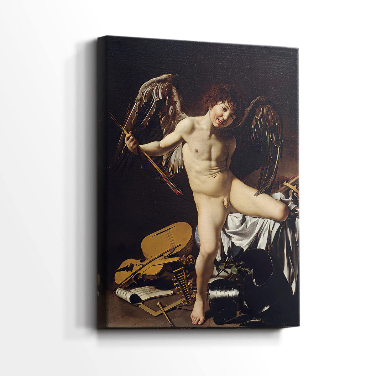 Side view of a canvas art print of a symbolic scene with a central figure and dark background, showing gallery-wrapped depth.