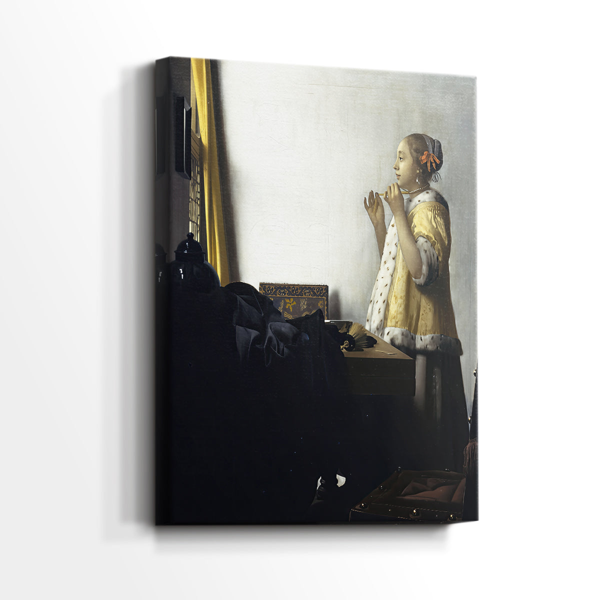 Side view of a canvas art print of a quiet interior with delicate detail and soft tones, showing gallery-wrapped depth.