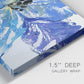 Close-up view of wrapped canvas corner featuring blue floral botanical close up.