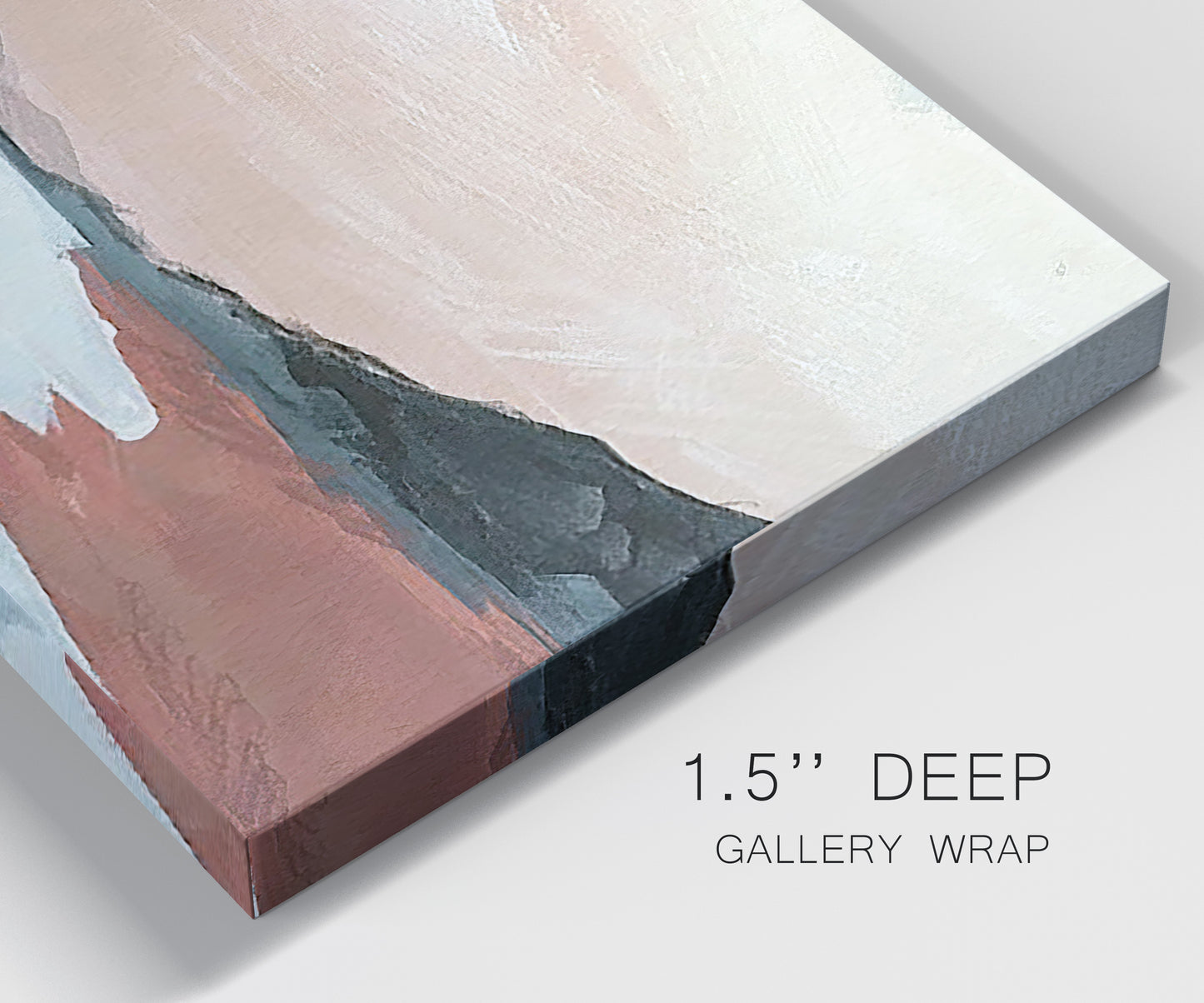 Close-up view of wrapped canvas corner featuring quiet coastline with distant horizon.