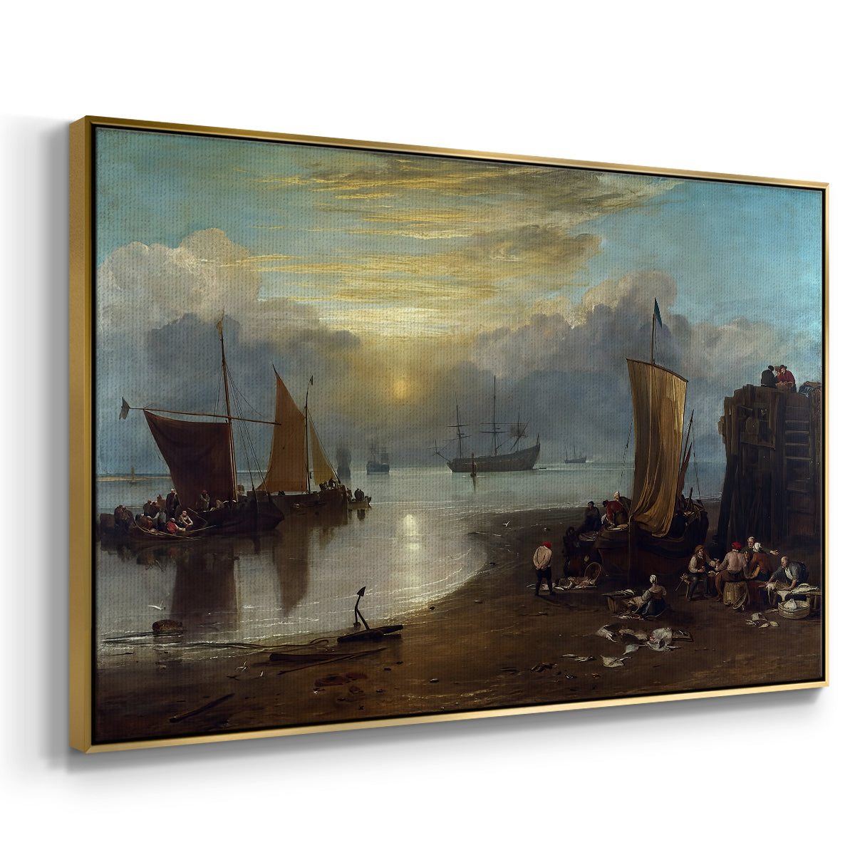Sun Rising through Vapour: Fishermen Cleaning and Selling Fish, c. 1807 - Floater Framed Canvas Print