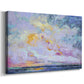 Vibrant sunset over tranquil ocean with pastel clouds, capturing the calming essence of twilight hours