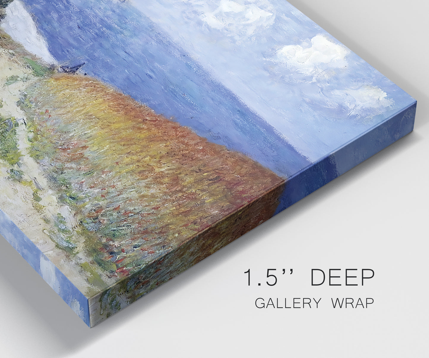 Close-up view of wrapped canvas corner featuring coastal path leading to sea.