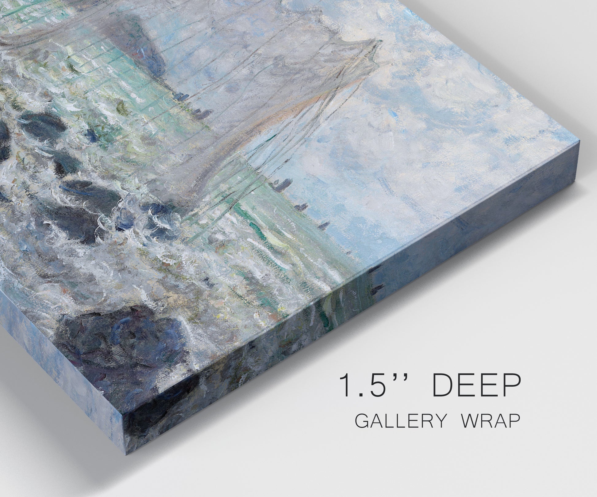 Close-up view of wrapped canvas corner featuring rough seas along rocky coast.