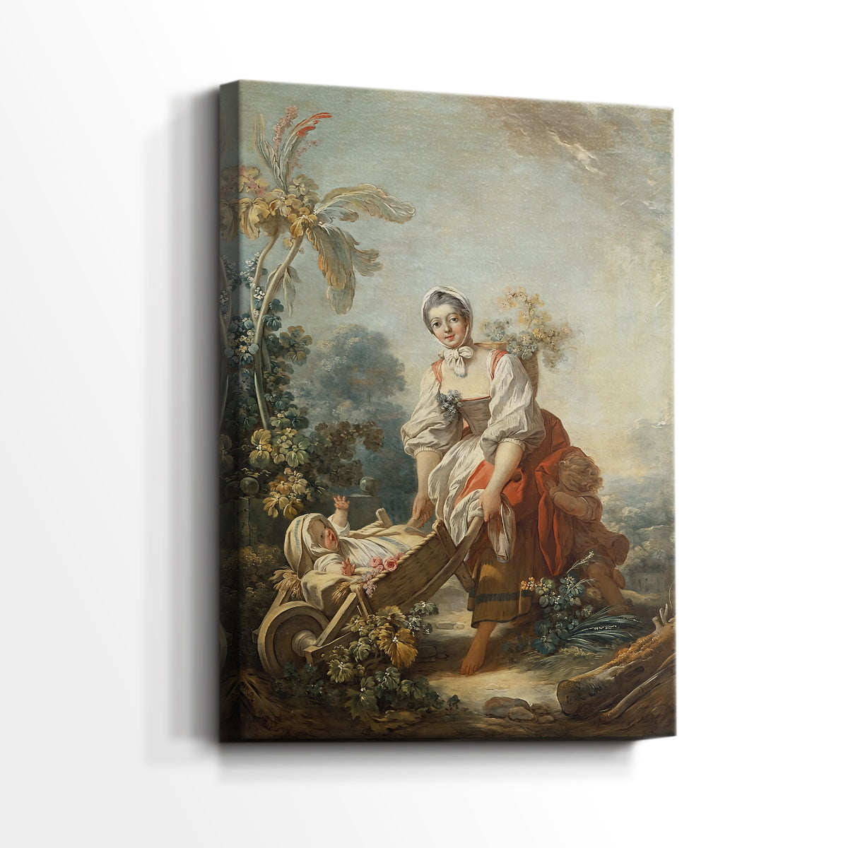 Side view of a canvas art print of a gentle interior moment with family interaction, showing gallery-wrapped depth.