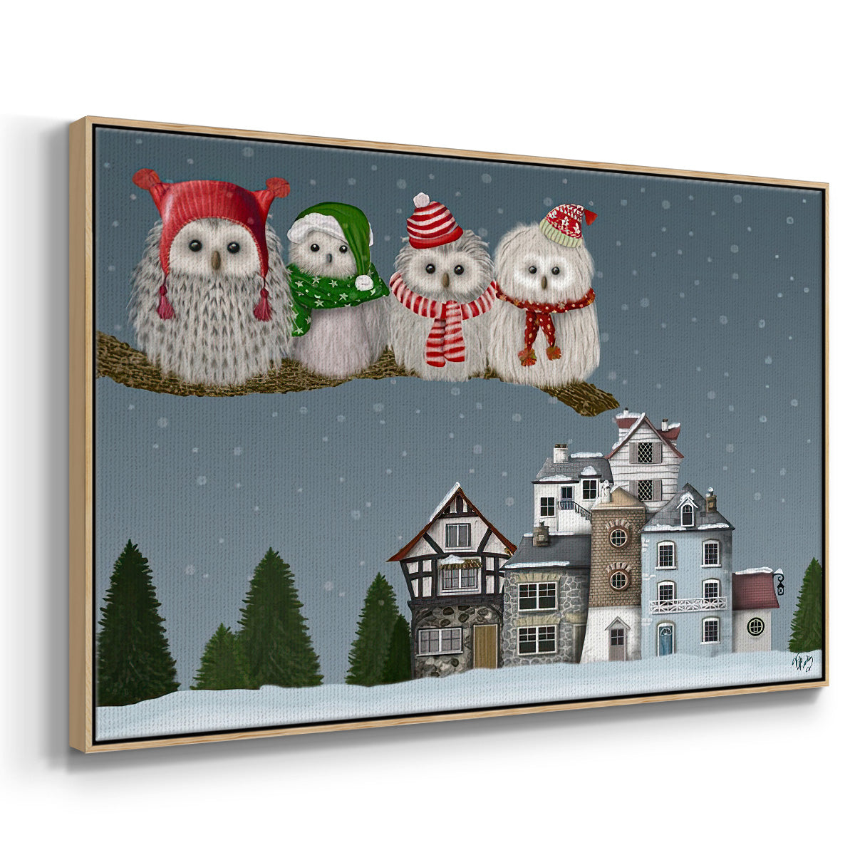 Christmas Christmas Owl Village - Framed Gallery Wrapped Canvas in Floating Frame