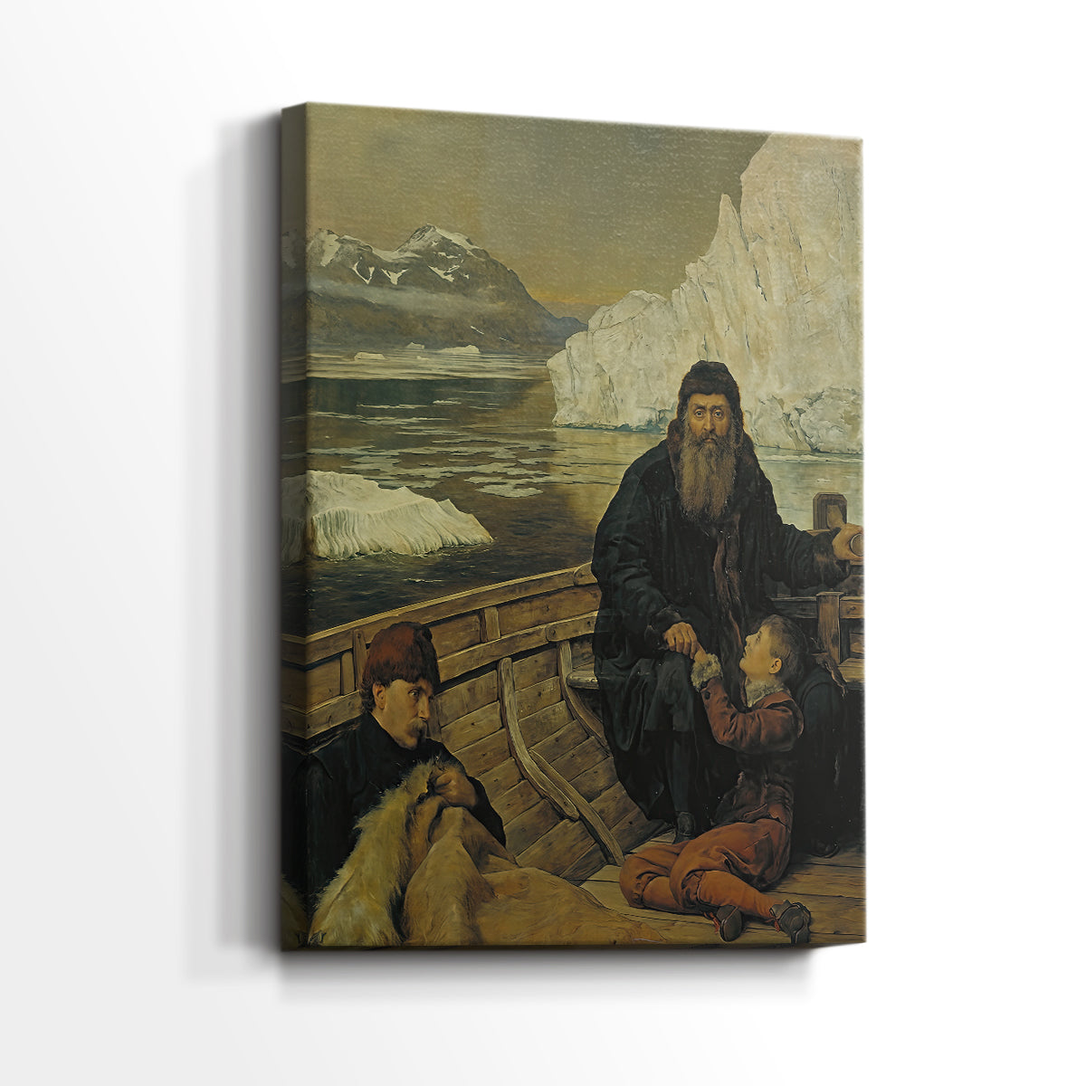 Side view of a canvas art print of a narrative scene with muted tones and strong atmosphere, showing gallery-wrapped depth.