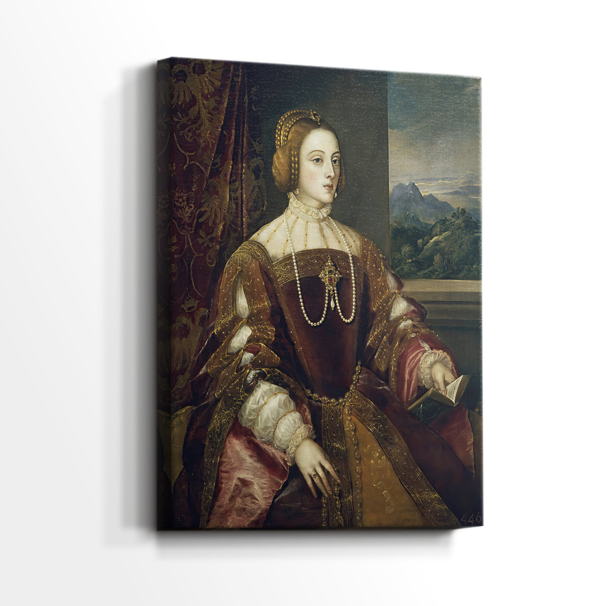 Side view of a canvas art print of a composed portrait with gentle shading and elegance, showing gallery-wrapped depth.
