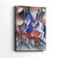 Side view of a canvas art print of an abstract scene with animals rendered in geometric style, showing gallery-wrapped depth.