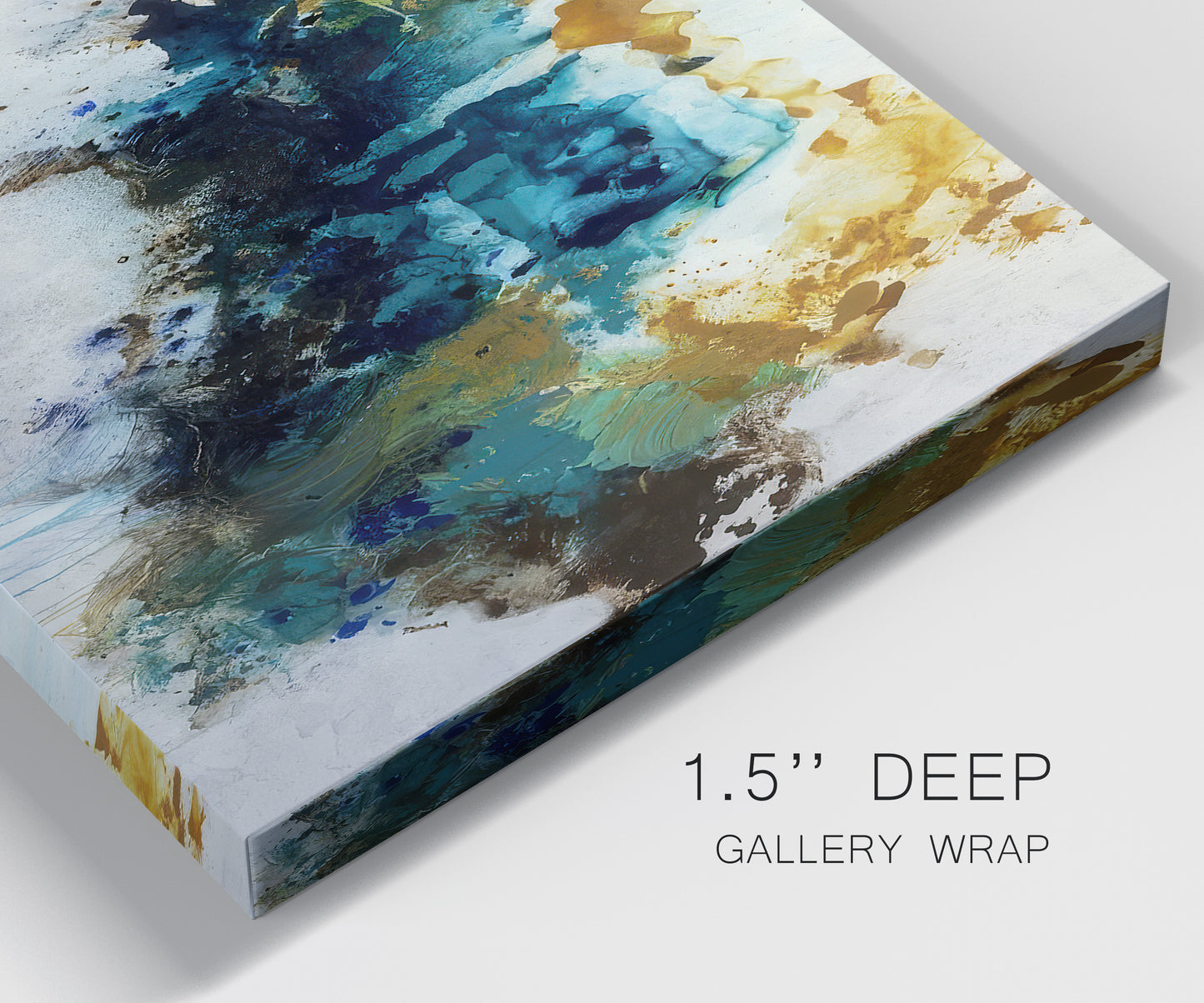 Close-up view of wrapped canvas corner featuring teal abstract paint splatter.
