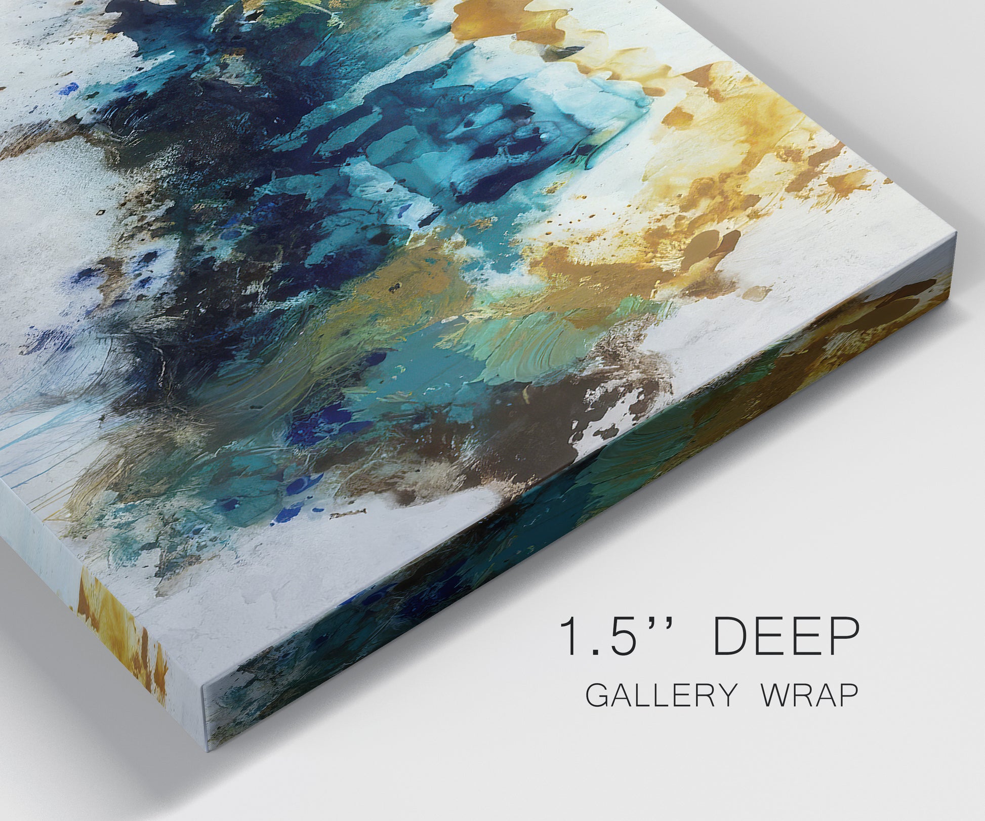 Close-up view of wrapped canvas corner featuring teal abstract paint splatter.