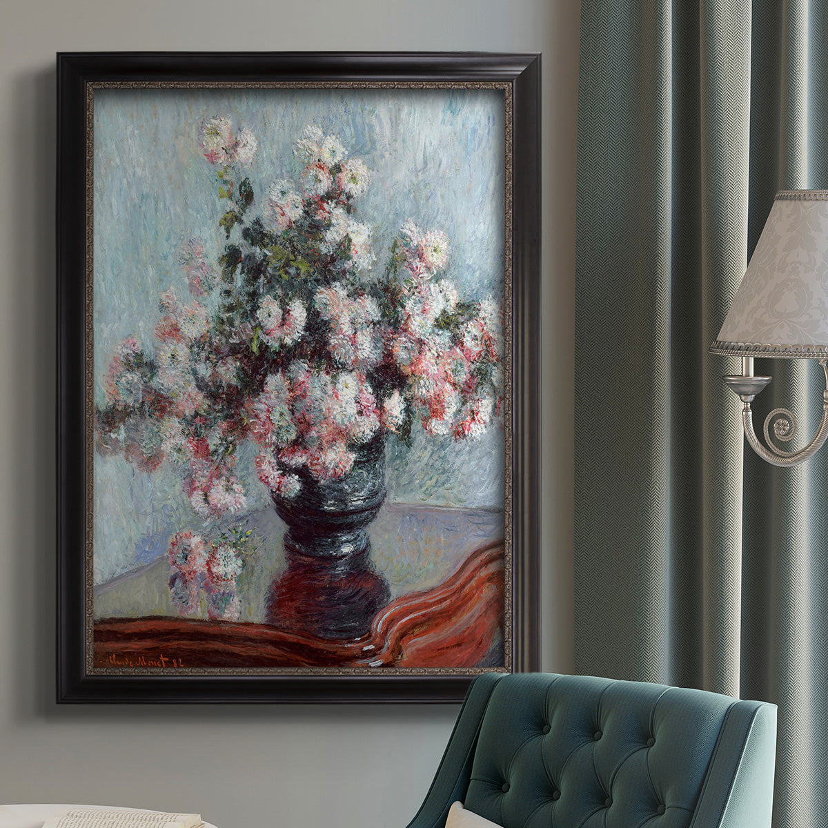 Impressionist chrysanthemum floral painting by Claude Monet in an {frame_style_descriptor} displayed in a neutral interior setting.