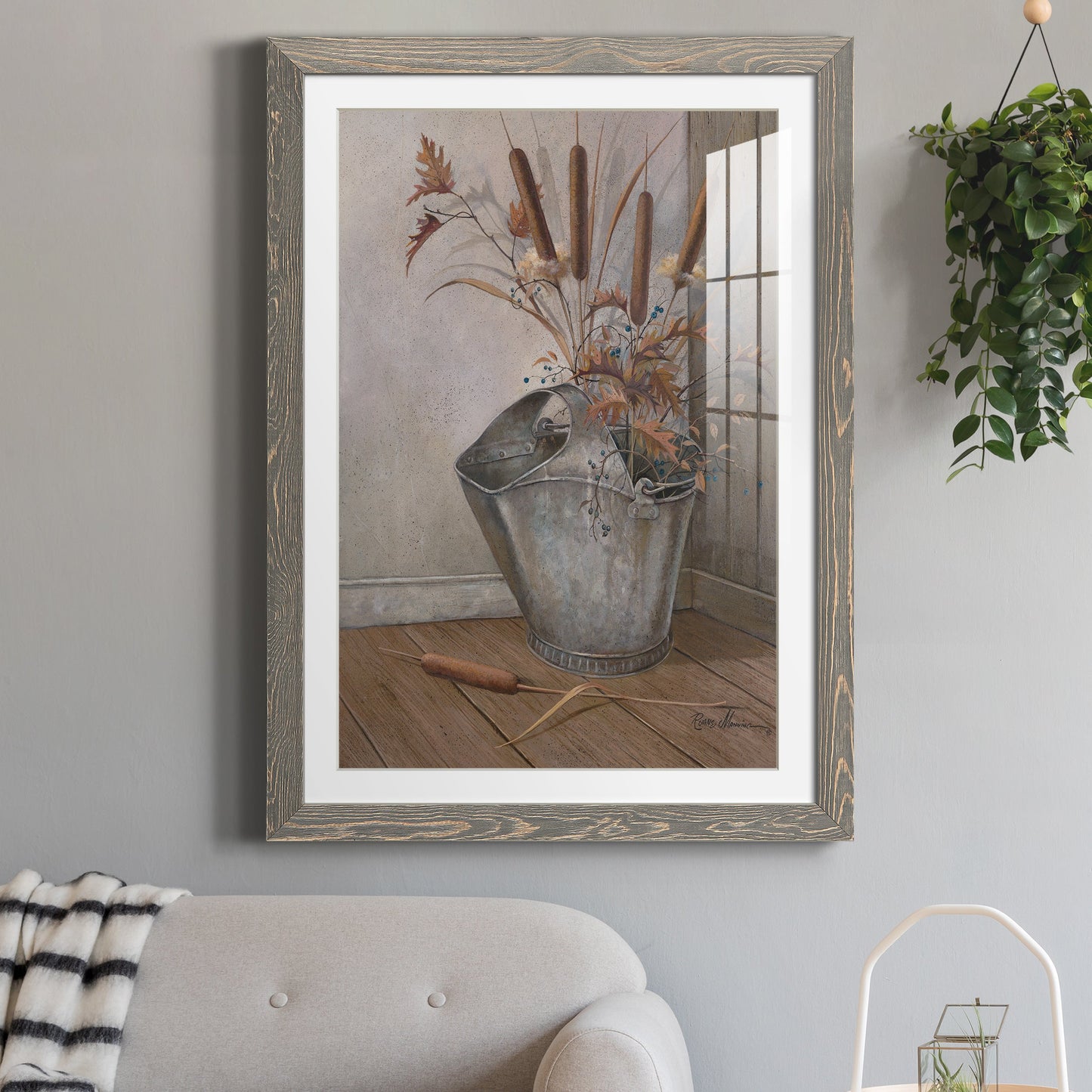 Berries & Cat Tails - Premium Framed Print - Distressed Barnwood Frame - Ready to Hang