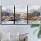 Three-panel canvas wall art featuring layered abstract mountain forms, displayed in a living room above a sofa.