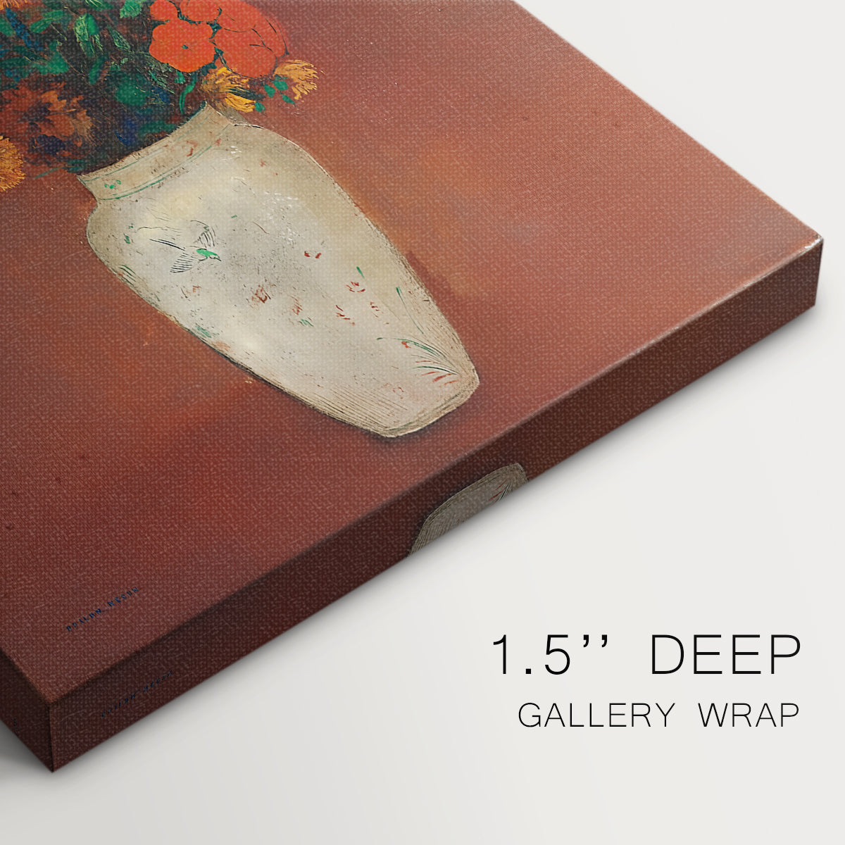 Close-up of a gallery-wrapped canvas corner showing a calm still life with smooth shading, highlighting texture and print detail.