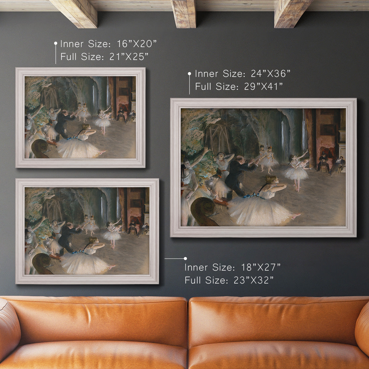 Impressionist backstage ballet scene by Edgar Degas in an ornate weathered white frame shown in multiple size options.