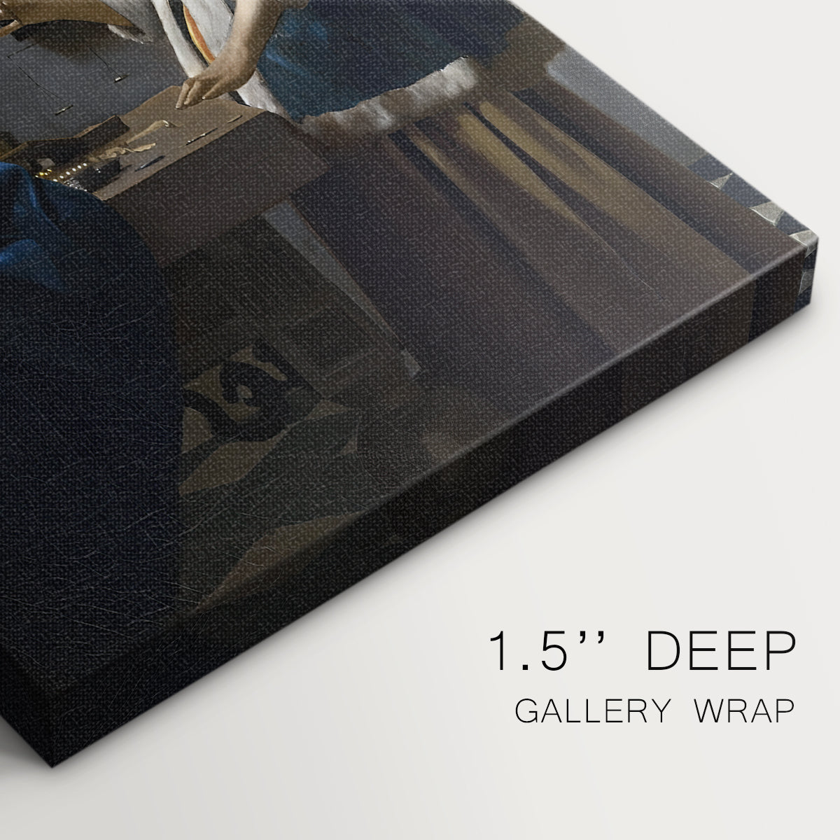 Close-up of a gallery-wrapped canvas corner showing a refined interior with balanced composition, highlighting texture and print detail.