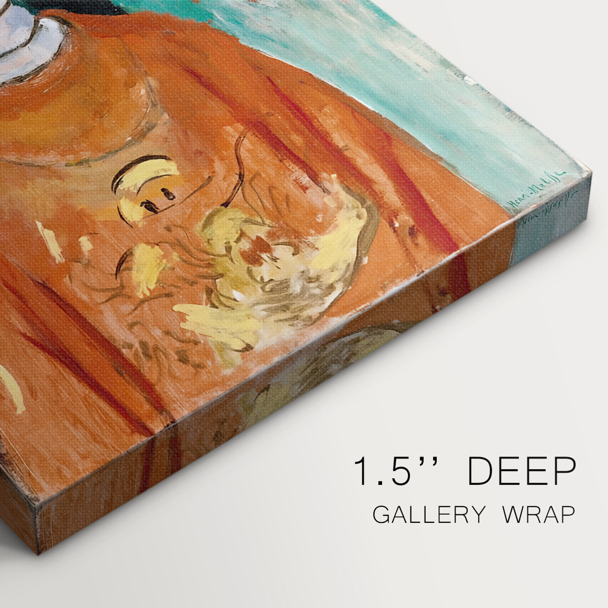 Close-up of a gallery-wrapped canvas corner showing a modern figure with exaggerated color and form, highlighting texture and print detail.