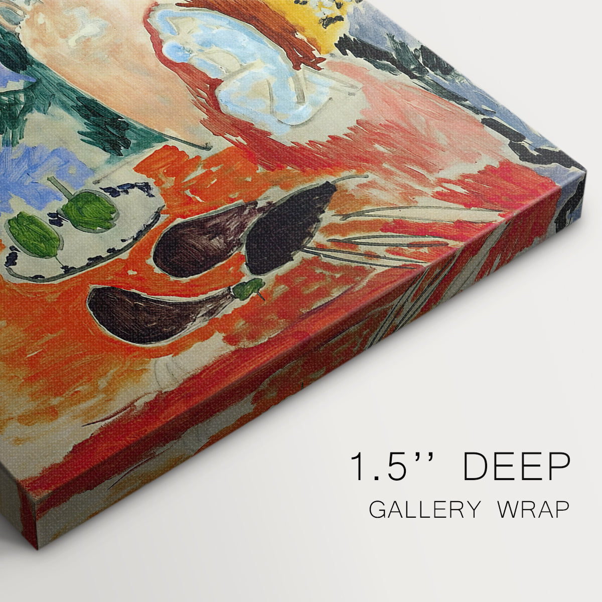 Close-up of a gallery-wrapped canvas corner showing a decorative still life with expressive texture, highlighting texture and print detail.