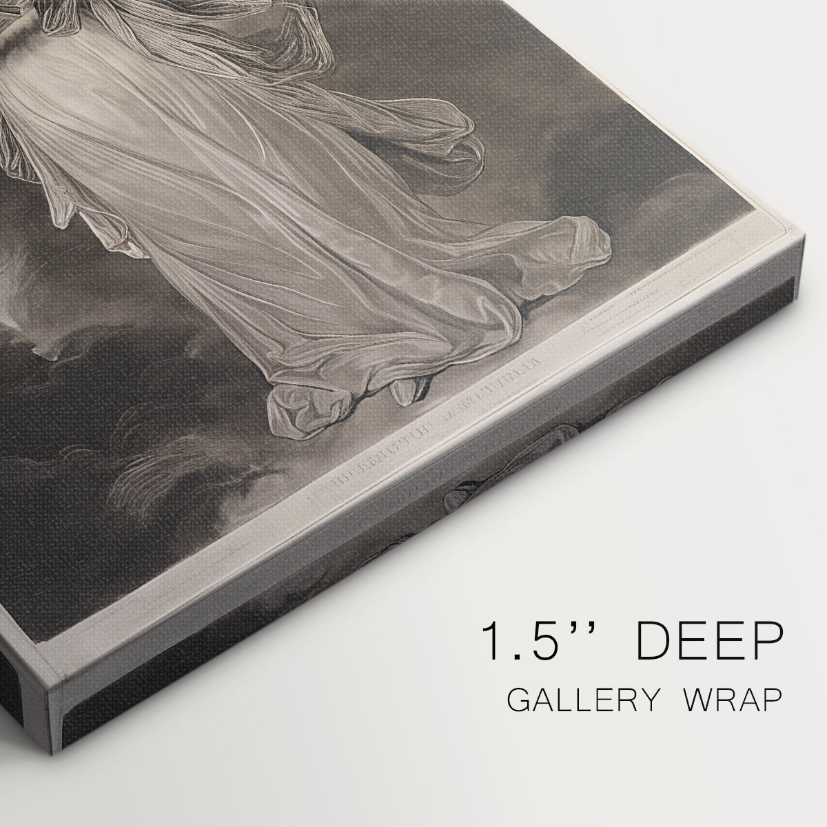 Close-up of a gallery-wrapped canvas corner showing a composed figure with symbolic elements and elegant detail, highlighting texture and print detail.