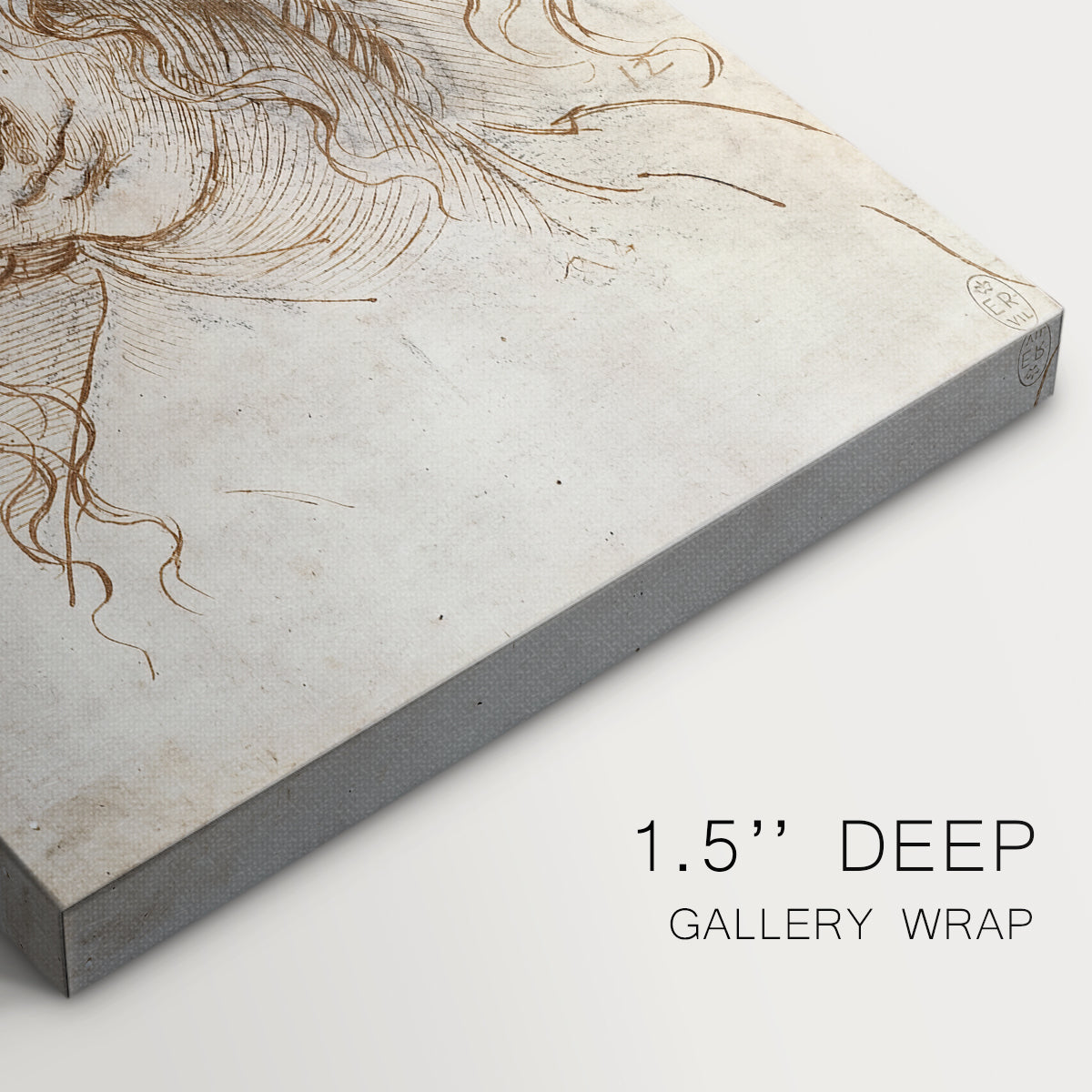 Close-up of a gallery-wrapped canvas corner showing a soft portrait sketch with minimal background, highlighting texture and print detail.