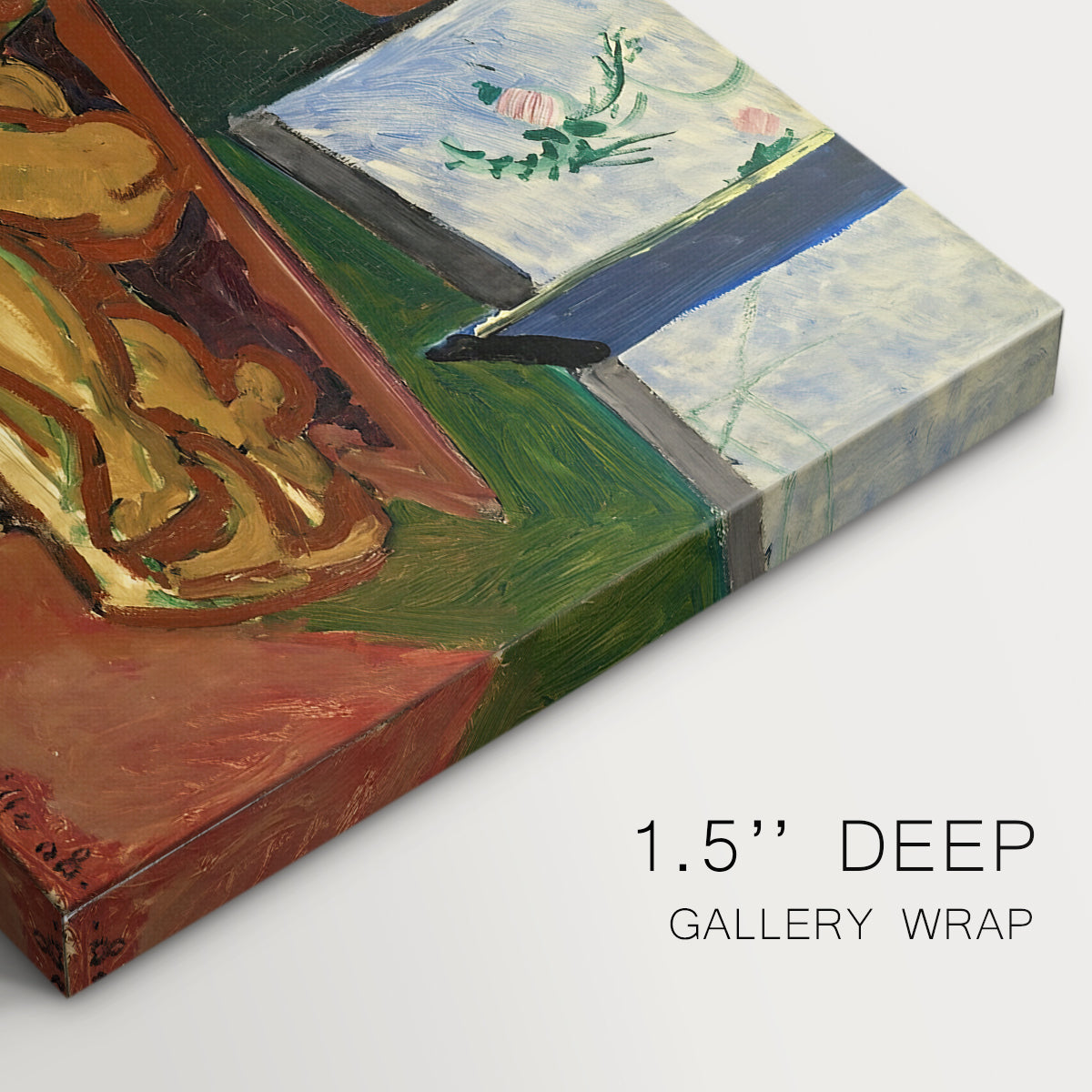 Canvas art print of a still life with a small sculpture and Persian vase on a table, highlighting texture and gallery-wrapped edges