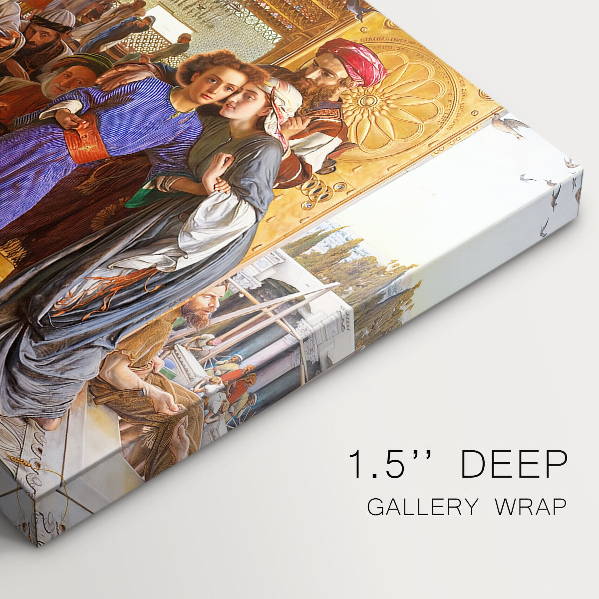 Canvas art print of a crowded temple scene with figures in robes surrounding central figure, highlighting texture and gallery-wrapped edges