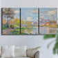 Three-panel canvas wall art featuring formal city park with trees, displayed in a living room above a sofa.
