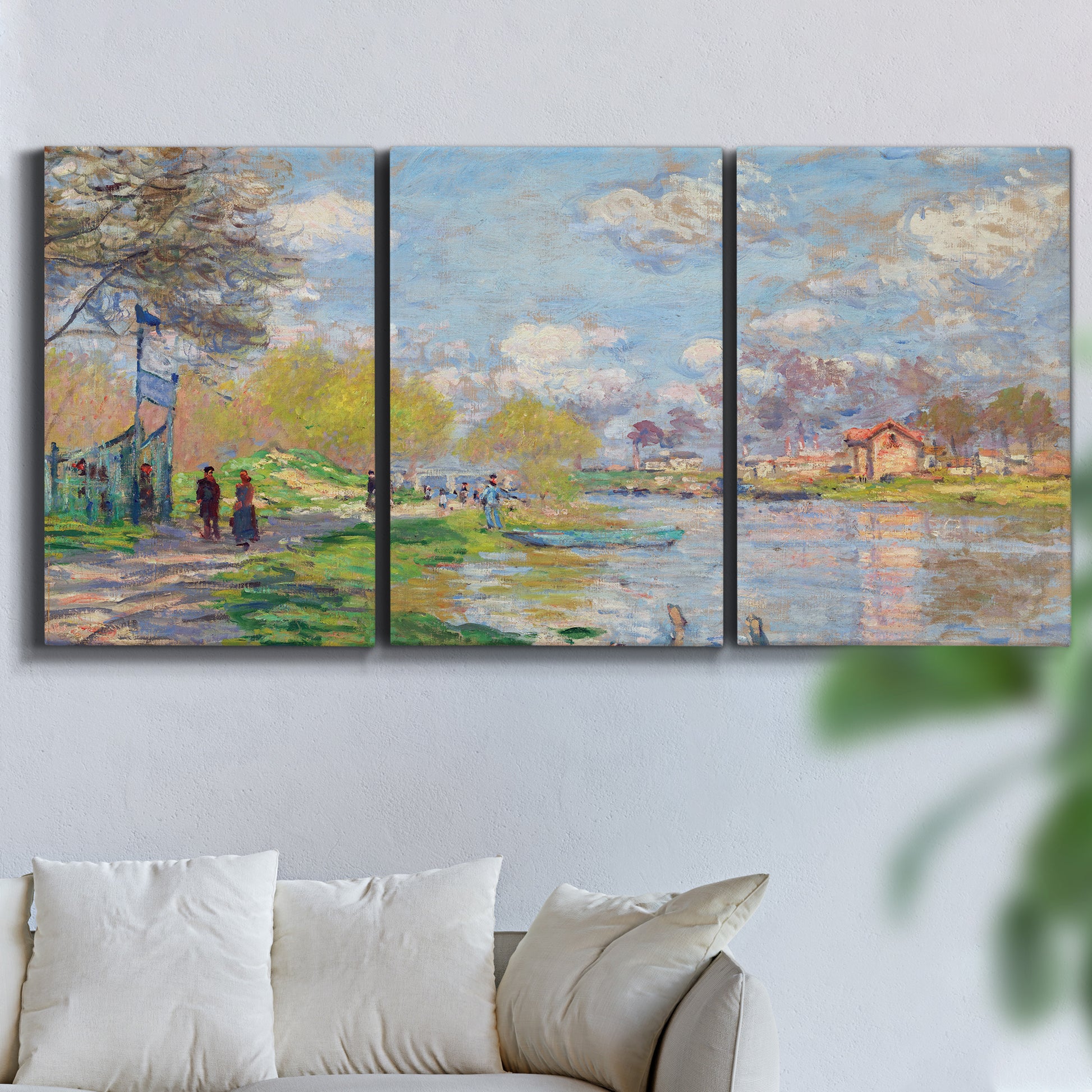 Three-panel canvas wall art featuring formal city park with trees, displayed in a living room above a sofa.