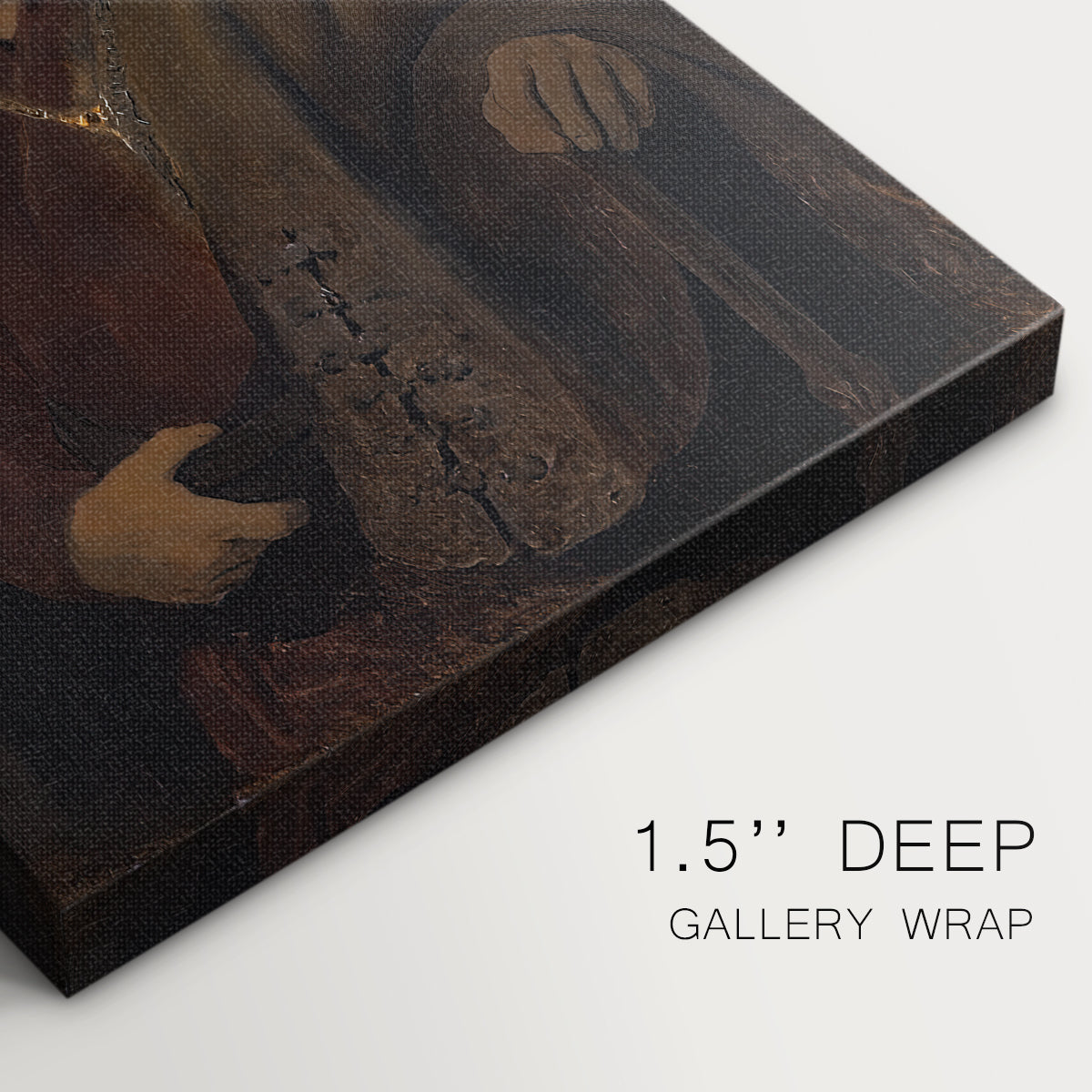 Close-up of a gallery-wrapped canvas corner showing a dignified image with strong presence and contrast, highlighting texture and print detail.