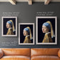 Iconic portrait of a girl wearing a pearl earring by Johannes Vermeer in an ornate weathered white frame shown in multiple vertical size options.