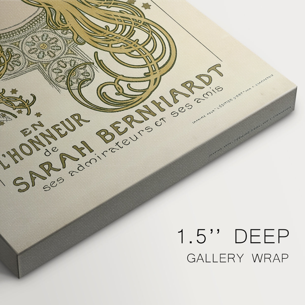 Close-up of a gallery-wrapped canvas corner showing a decorative portrait with intricate design and refined composition, highlighting texture and print detail.