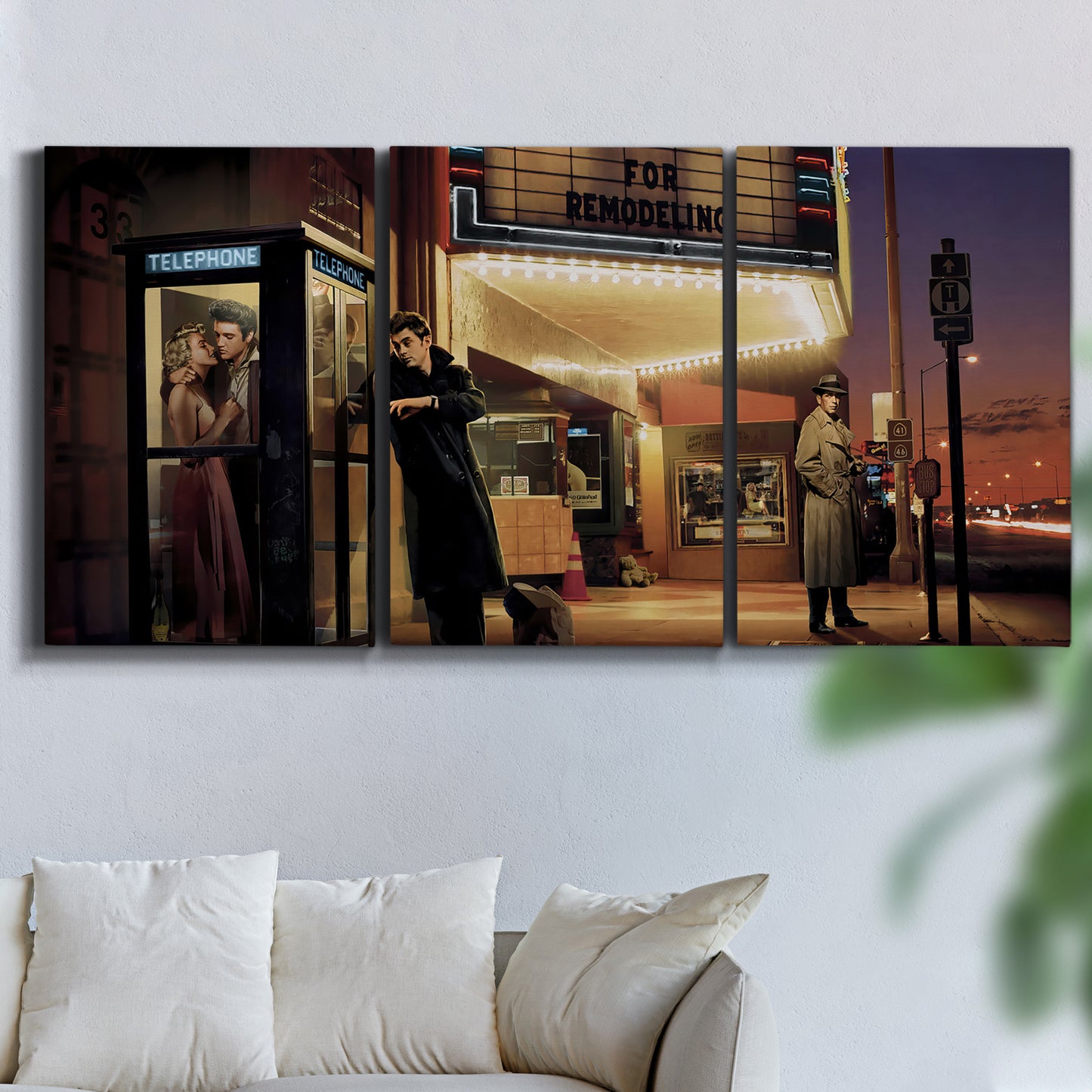 Three-panel canvas wall art featuring cinematic nighttime theater scene, displayed in a living room above a sofa.