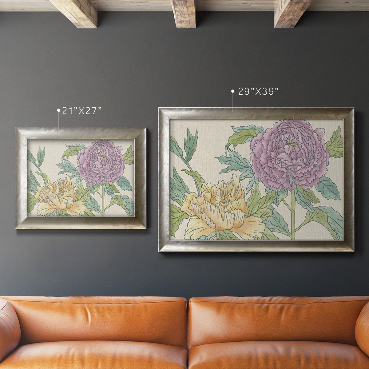 Contemporary peony flower illustration in an ornate mottled silver frame shown in multiple size options.