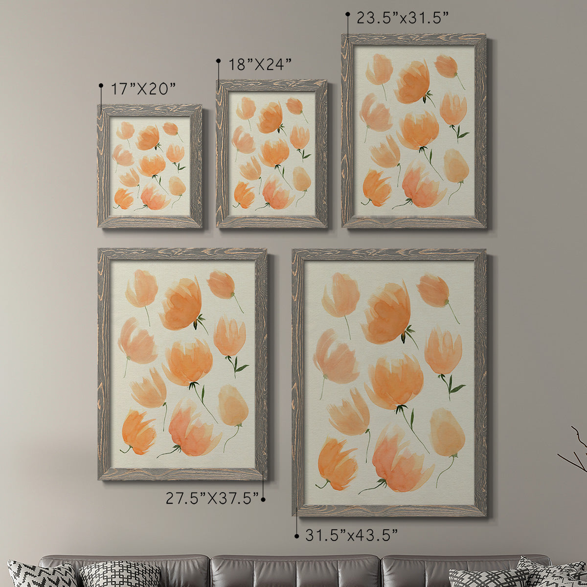 Size comparison chart for a set of two gray barnwood framed canvas prints.