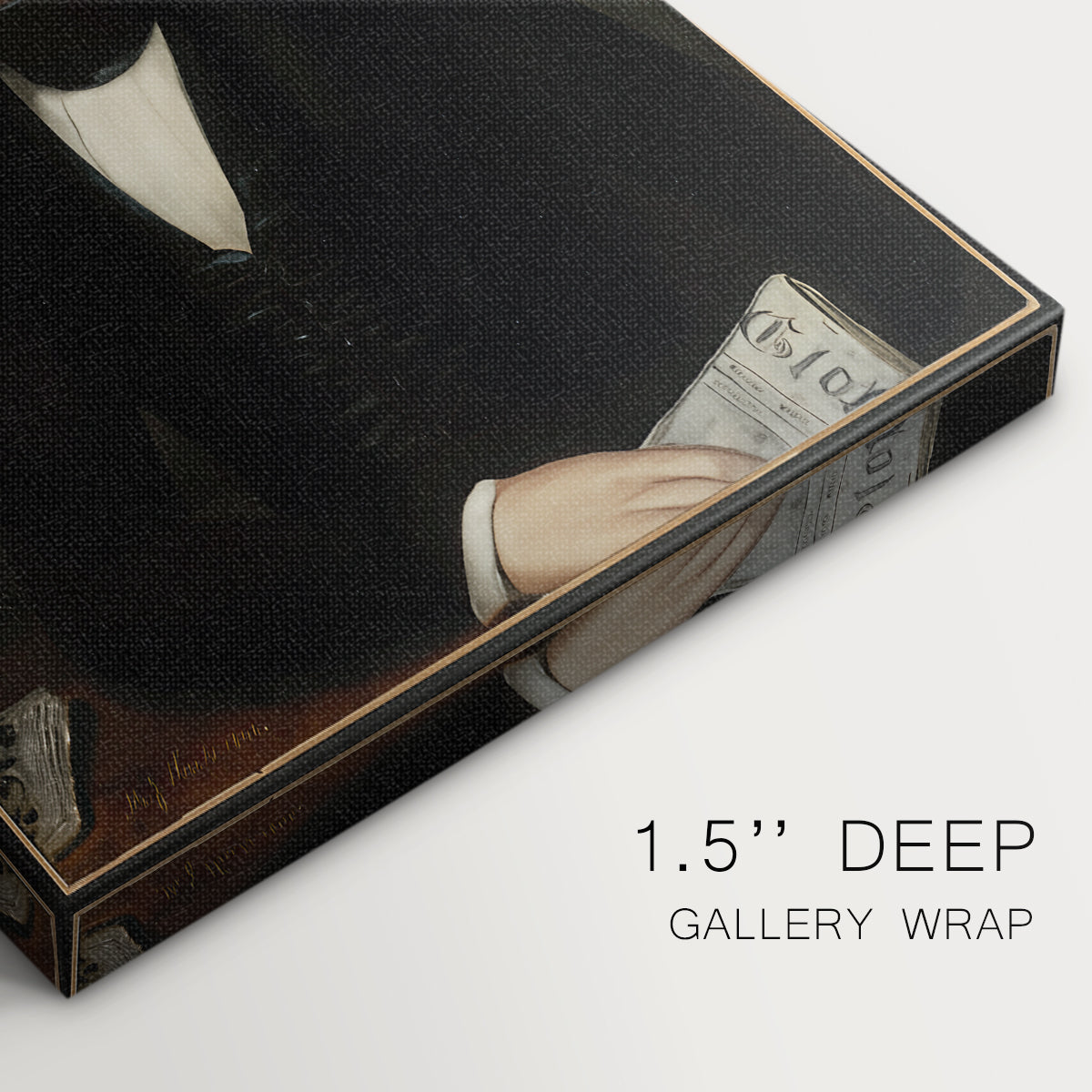 Close-up of a gallery-wrapped canvas corner showing a dignified figure with gentle contrast, highlighting texture and print detail.