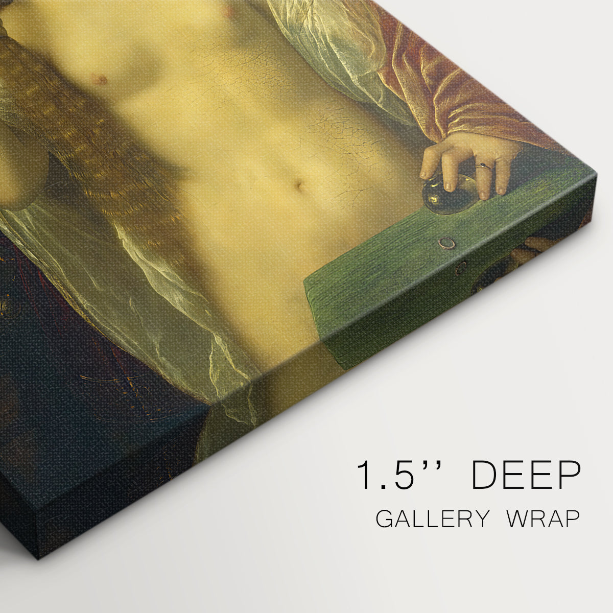 Close-up of a gallery-wrapped canvas corner showing a refined image with figures and subtle interaction, highlighting texture and print detail.