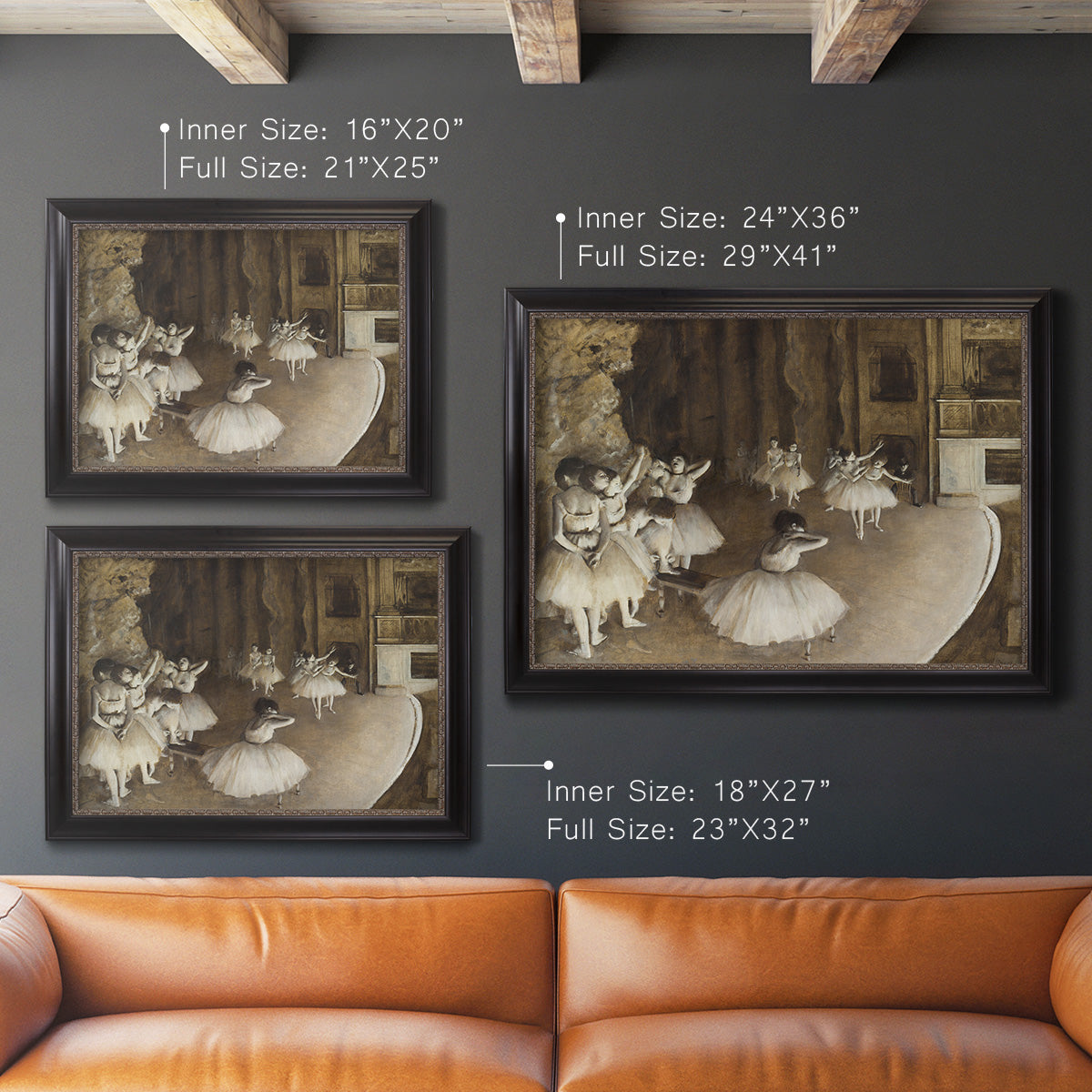 Impressionist ballet rehearsal scene by Edgar Degas in an ornate black frame with gilded inner detail shown in multiple size options.