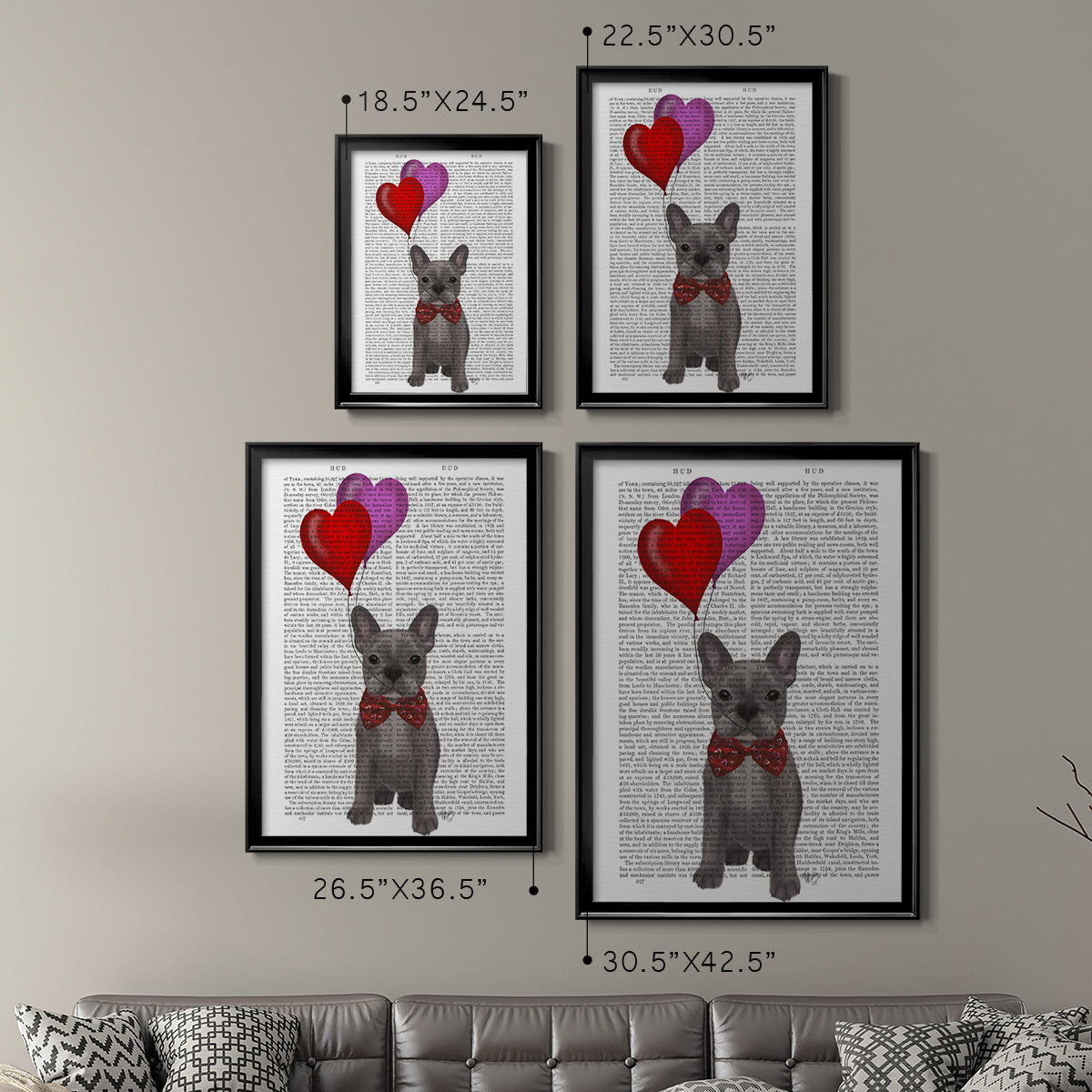 French Bulldog and Balloons - Modern Framed Canvas Print